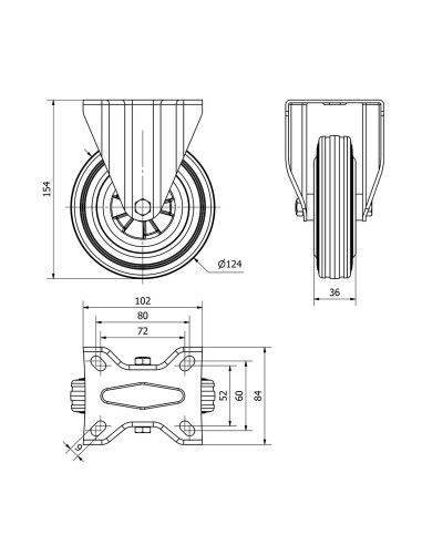 Rueda fija de goma natural con placa y eje...