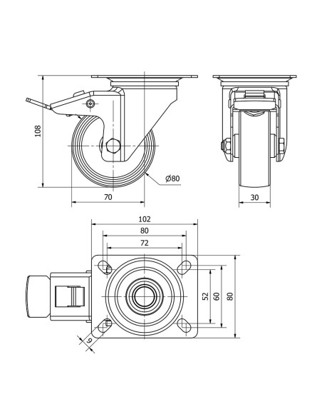 Rueda giratoria de poliamix con placa, eje liso y freno, color blanco, carga máx. 130 kg, ø 8 cm