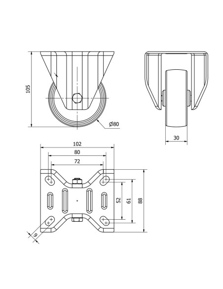 Rueda fija de poliamix con placa y eje liso, color blanco, carga máx. 130 kg, ø 8 cm