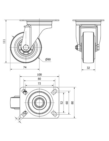Rueda giratoria de goma con placa y eje de...