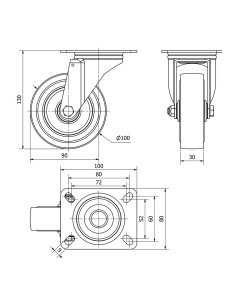 Rueda giratoria de goma con placa y eje de rodillos, color azul, carga máx. 100 kg, ø 10 cm 2