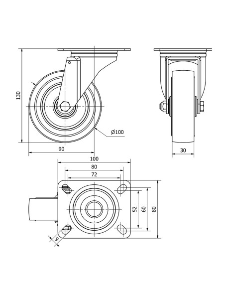 Rueda giratoria de goma con placa y eje de rodillos, color azul, carga máx. 100 kg, ø 10 cm