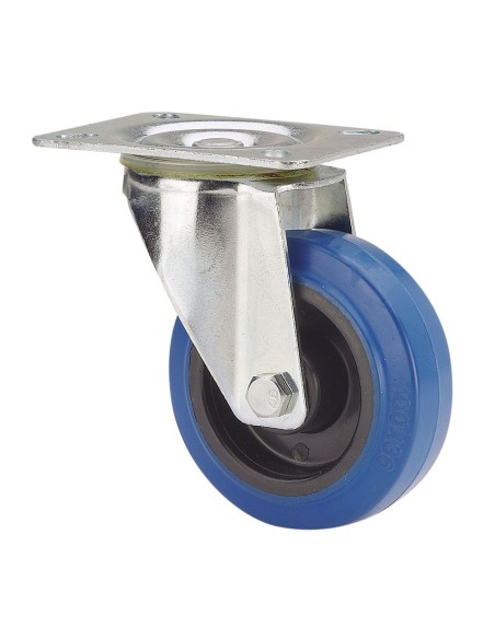 Rueda giratoria de goma con placa y eje de rodillos, color azul, carga máx. 130 kg, ø 12,5 cm