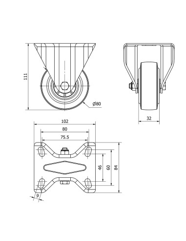 Rueda fija de goma, con placa y eje de rodillos...