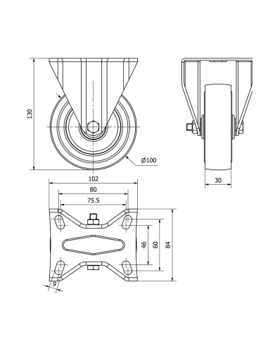 Rueda fija de goma, con placa y eje de...
