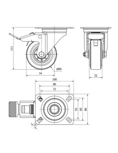 Rueda giratoria de goma con placa, eje de rodillos y freno, color azul, carga máx. 80 kg, ø 8 cm 2