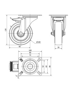 Rueda giratoria de goma con placa, eje de rodillos y freno, color azul, carga máx. 100 kg, ø 10 cm 2