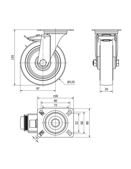Rueda giratoria de goma con placa, eje de rodillos y freno, color azul, carga máx. 130 kg, ø 12,5 cm