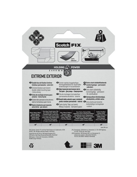 Cinta doble cara de montaje para exteriores extreme, 19mmx5m, máx 13 kg