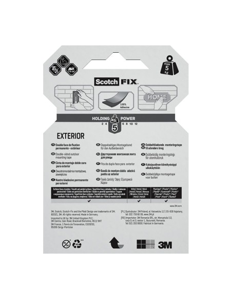 Cinta doble cara de montaje para exteriores, 19 mm x 1,5 m, máx 5 kg
