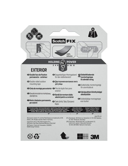 Cinta doble cara de montaje para exteriores, 19 mm x 5 m, máx 7 kg