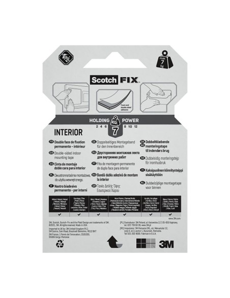 Cinta doble cara de montaje para interiores, 19mmx1,5m, máx 7 kg