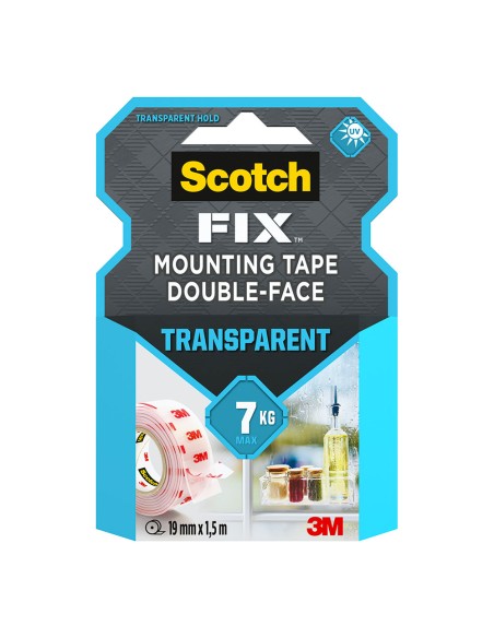 Cinta doble cara de montaje, transparente, 19mmx1,5m, máx 7 kg