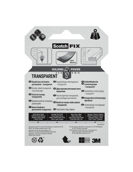 Cinta doble cara de montaje, transparente, 19mmx1,5m, máx 7 kg
