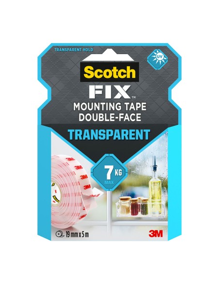 Cinta doble cara de montaje, transparente, 19mmx5m, máx 7 kg