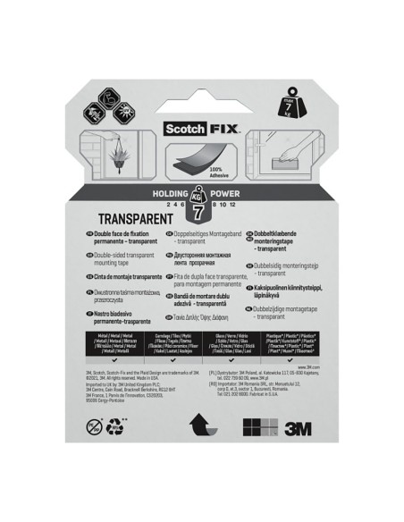 Cinta doble cara de montaje, transparente, 19mmx5m, máx 7 kg