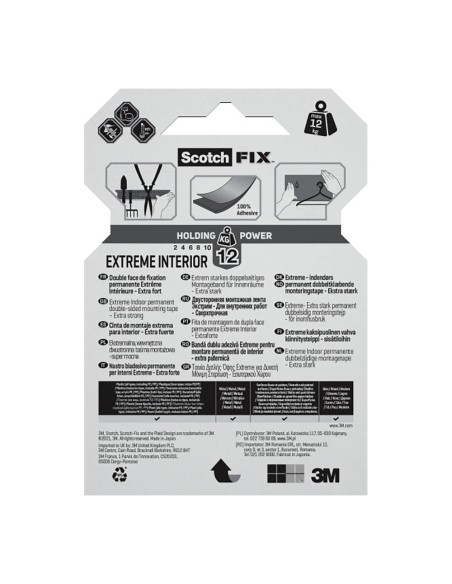 Cinta doble cara de montaje para interiores extreme, 19mmx1,8m, máx 12 kg