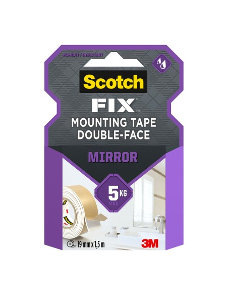 Cinta doble cara montaje espejos, 19mmx1,5m, máx 5 kg
