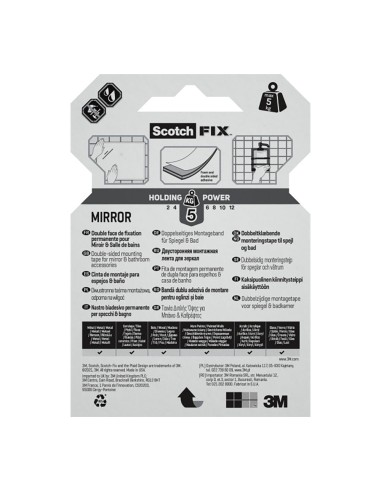 Cinta doble cara montaje espejos, 19mmx1,5m,...