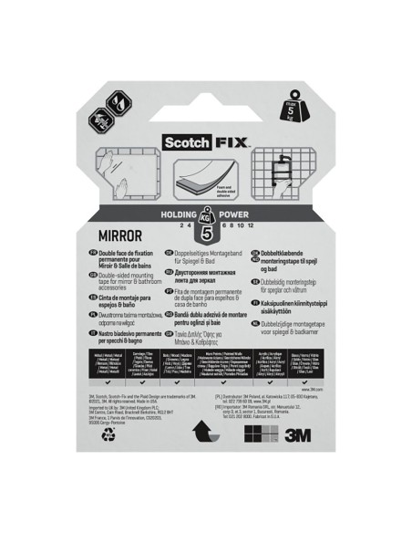 Cinta doble cara montaje espejos, 19mmx1,5m, máx 5 kg