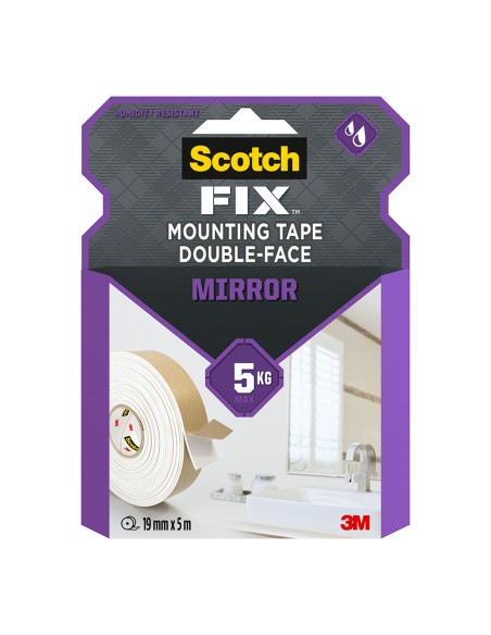 Cinta doble cara montaje espejos, 19mmx5m, máx 5 kg