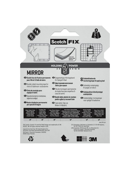 Cinta doble cara montaje espejos, 19mmx5m, máx 5 kg