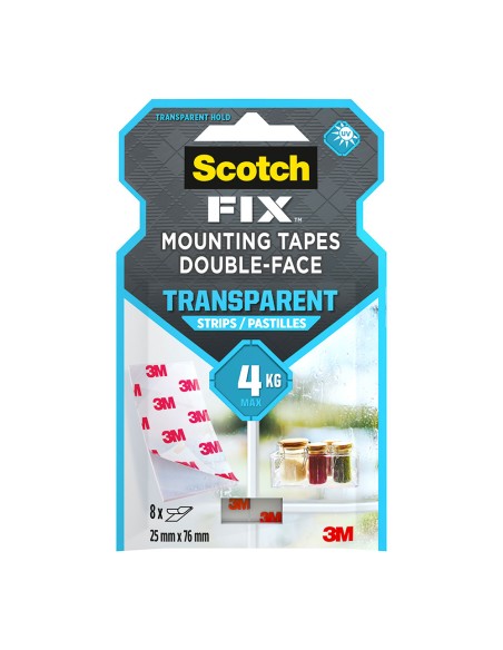 Tira adhesiva doble cara, transparente, 25mmx76mm, 8 uds, max 4 kg