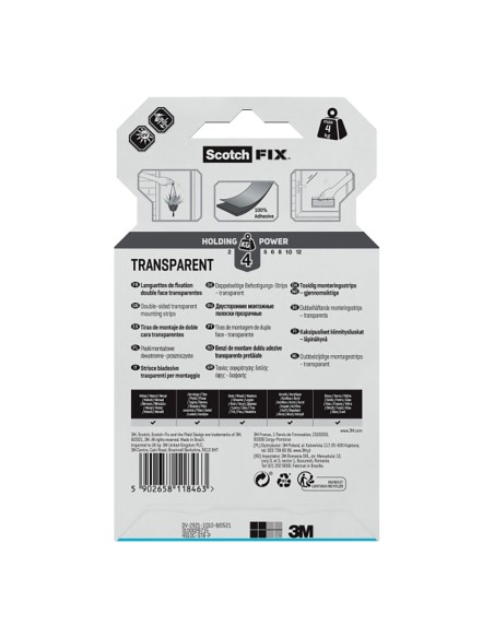 Tira adhesiva doble cara, transparente, 25mmx76mm, 8 uds, max 4 kg