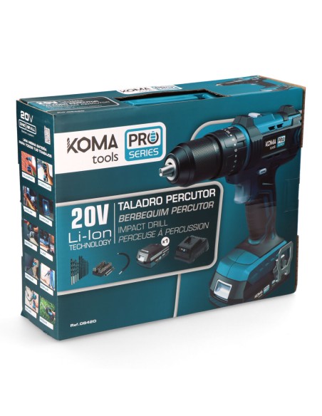 Kit maletin taladro percutor/atornillador 20 v con bateria 2.0ah y cargador. 20,5 x 22 cm