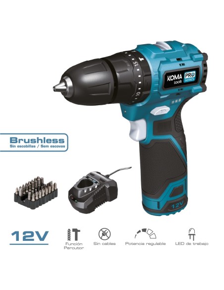 Kit maletín taladro percutor brushless 12 v con accesorios, bateria y cargador