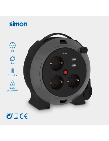 Enrollacables con 2 usb a, 3 tomas 2p+tt...