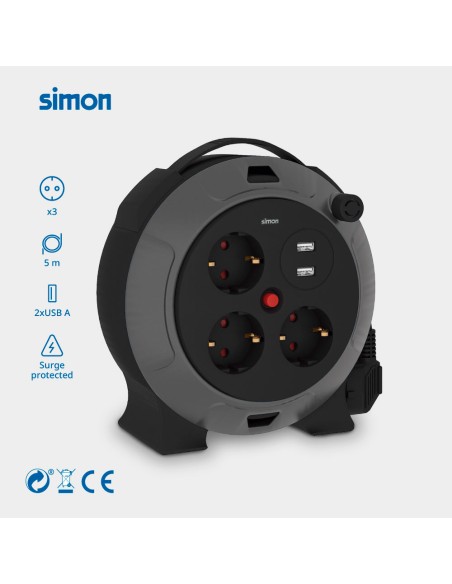 Enrollacables con 2 usb a, 3 tomas 2p+tt schuko, 16 a, 230 v~, h05vv-f 3 g 1,5 mm², 5 m, negro/gris