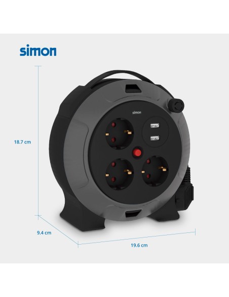 Enrollacables con 2 usb a, 3 tomas 2p+tt schuko, 16 a, 230 v~, h05vv-f 3 g 1,5 mm², 5 m, negro/gris