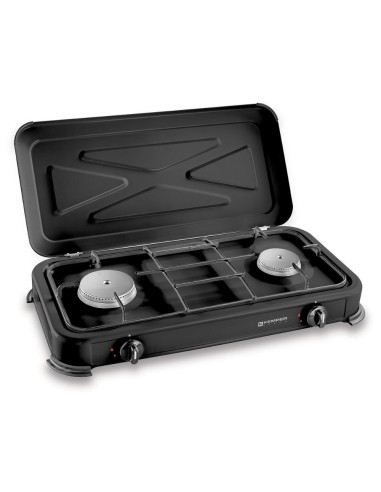 Cocina de gas butano/propano esmaltada 2 quemadores, negra, 570 x 300 x 65 mm