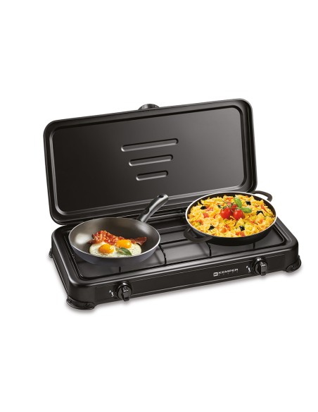 Cocina de gas butano/propano esmaltada 2 quemadores, negra, 570 x 300 x 65 mm