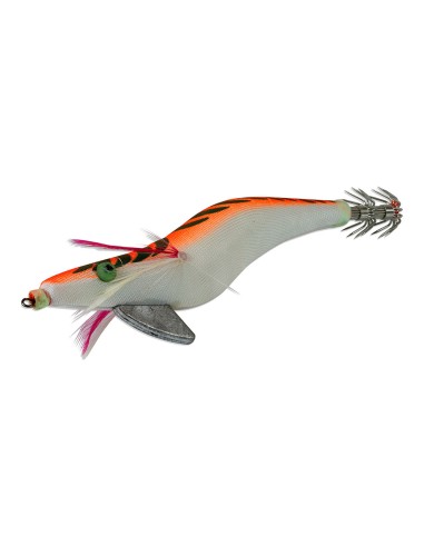 Señuelo artificial especial para la pesca del calamar y la sepia. 135 mm color naranja barriga blanca
