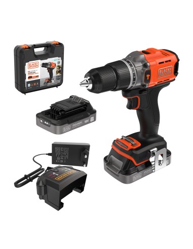 Taladro percutor 18 v, con 2 baterías 2 ah de litio, cargador rápido 1 ah y maletín