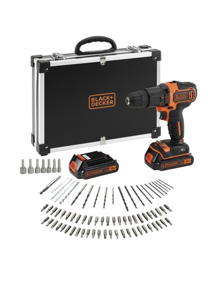 Kit taladro percutor 18 v con 2 baterías 1,5 ah de litio, cargador, 80 accesorios y maletín