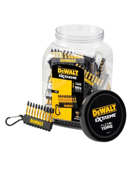 Juego de 10 puntas flextorq 57 mm pz2, pz3 y ph2 con mosquetón, bote con 50 uds