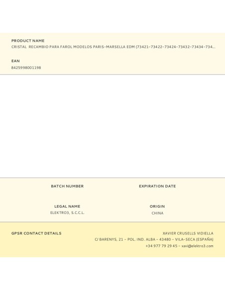 Cristal recambio para farol modelos paris-marsella edm (73421-73422-73424-73432-73434-73431)