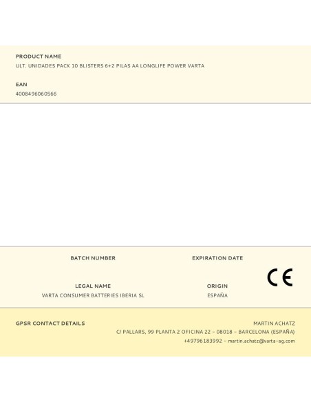 Pack 10 blisters 6+2 pilas aa longlife power varta