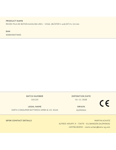 Micro pila de boton alkalina lr41 - v3ga,...