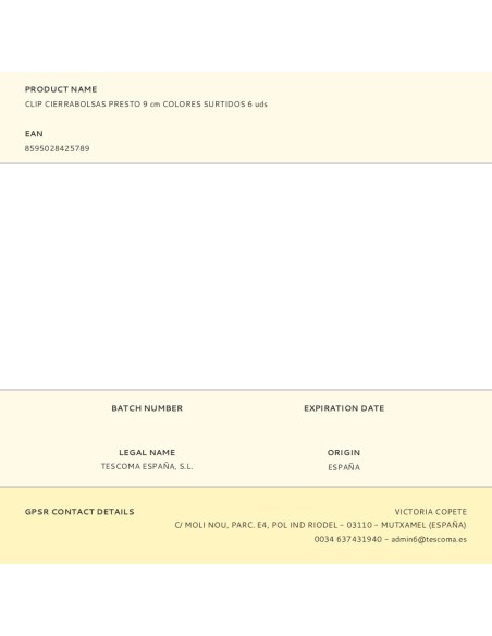 Clip cierrabolsas presto 9 cm colores surtidos 6 uds