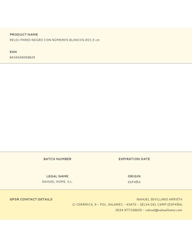 Reloj pared negro con números blancos ø21,5 cm