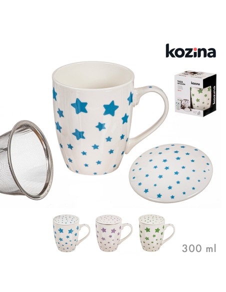 Taza infusión estrellas con filtro y tapa colores surtidos 300 ml
