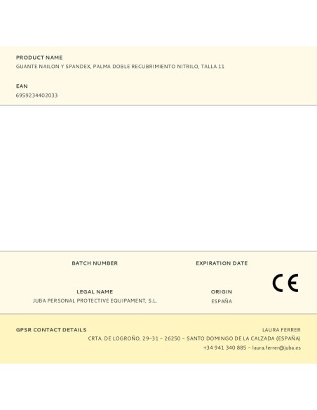 Guante nailon y spandex, palma doble recubrimiento nitrilo, talla 11