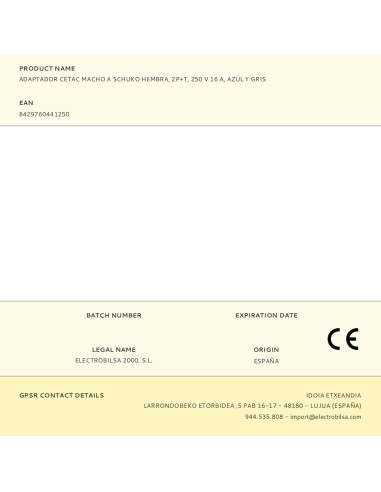 Adaptador cetac macho a schuko hembra, 2p+t,...