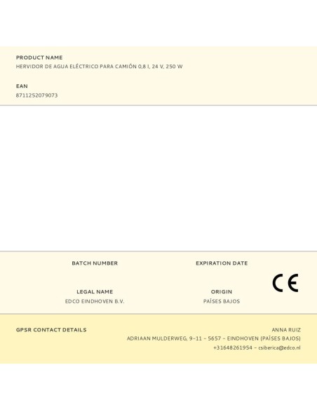 Hervidor de agua eléctrico para camión 0,8 l, 24 v, 250 w