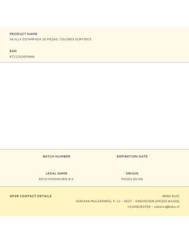 Vajilla 16 piezas estampada, colores surtidos