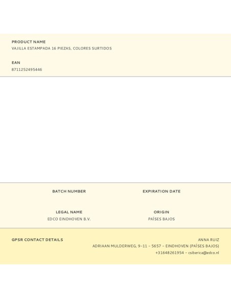 Vajilla 16 piezas estampada, colores surtidos